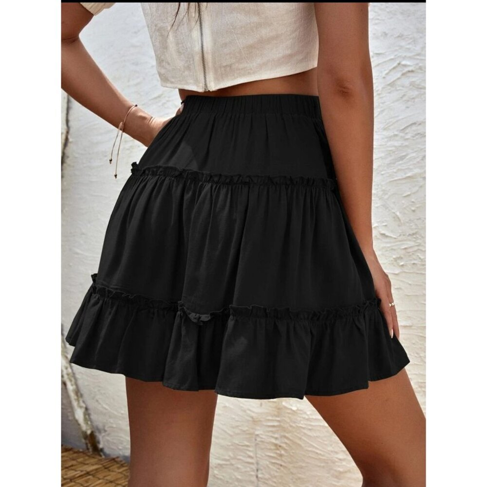 Tiered ruffle mini skirt elastic waist boho black - Picture 2 of 6